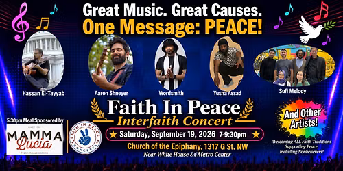 7pm Faith in Peace Interfaith Concert plus 5:30pm Community Meal