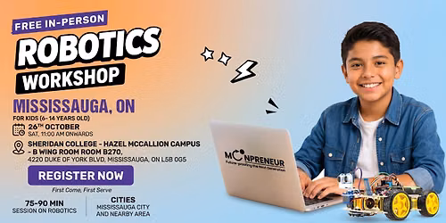 In-person Free Robotics Workshop For Kids at Mississauga, ON (7-14yrs)