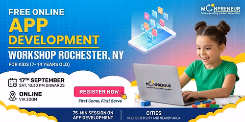 FREE Online Kid\u2019s App Development & STEM Workshop at Rochester, NY(Ages 7\u201316)